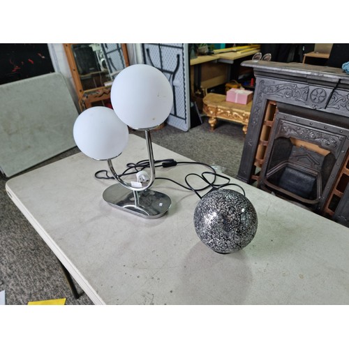 373 - 2x table lamps to include a chrome double globe table lamp with frosted shades by IKEA and one with ... 