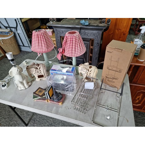 374 - A quantity off collectables to include Mastertools display case, 2x wooden lamps with fabricated sha... 