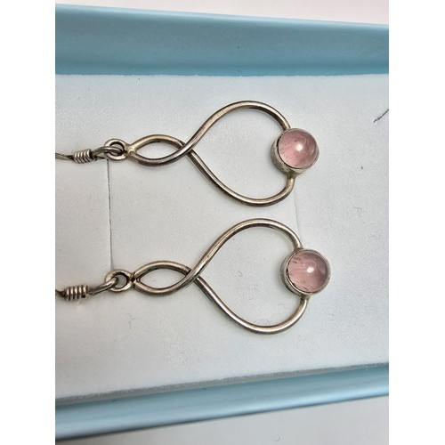 226 - A pair of pretty 925 silver drop earrings inset with rose quartz cabochon stones, length of the drop... 