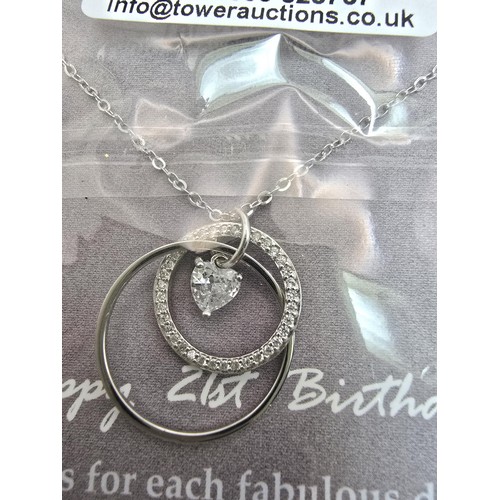 228 - A brand new Happy 21st Birthday 925 silver necklace featuring 2 rings 