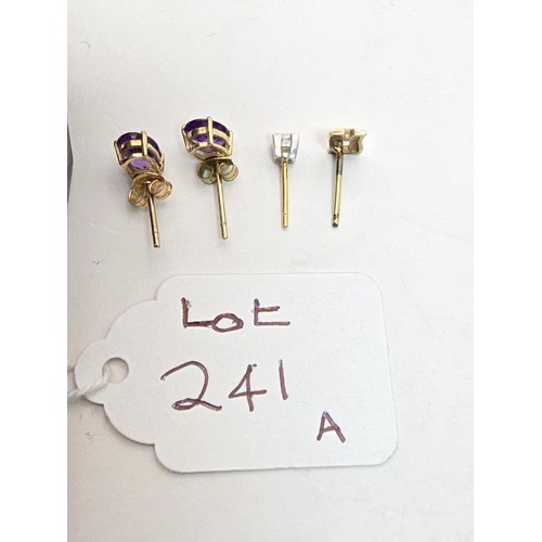 241A - A pair of pretty 9ct yellow gold stud earrings inset with vibrant purple amethyst gemstones along wi... 