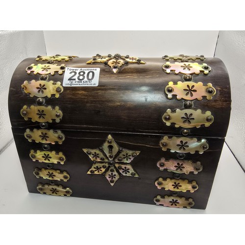 280 - Good quality wooden domed stationary box with MOP decoration to the front and top with a star on the... 