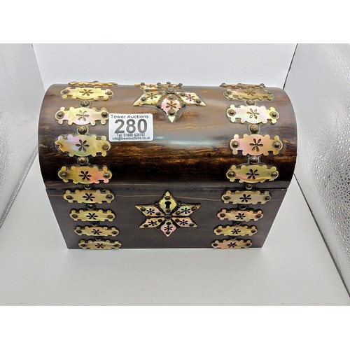 280 - Good quality wooden domed stationary box with MOP decoration to the front and top with a star on the... 