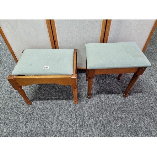 396 - 2x pale green cushion topped stools in good order, along with a white painted topped stool, largest ... 