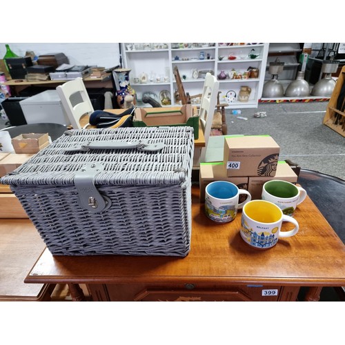 400 - Good quality wicker picnic hamper by M&S along with a collection of 3x boxed Starbucks mugs for Live... 