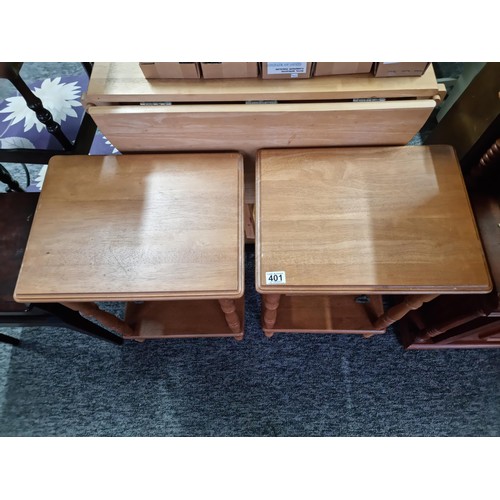 401 - Pair of good quality beech bed side tables with drawer to the top and shelf to the bottom both in go... 