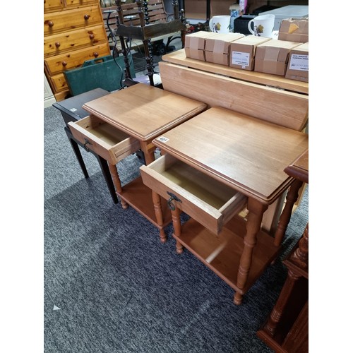 401 - Pair of good quality beech bed side tables with drawer to the top and shelf to the bottom both in go... 