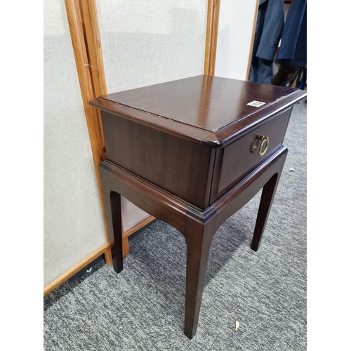 402 - Good quality Stag lamp table with single drawer to the top in good order with metal handle, stands a... 