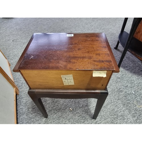 402 - Good quality Stag lamp table with single drawer to the top in good order with metal handle, stands a... 