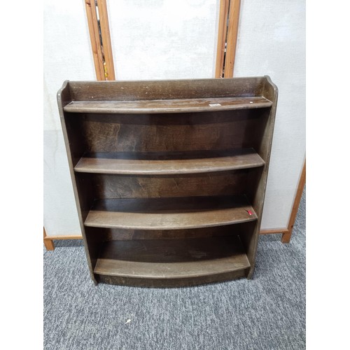 406 - Good quality CWS stamped dark oak bow fronted bookshelf with four shelves, stands at 91cm high 76cm ... 