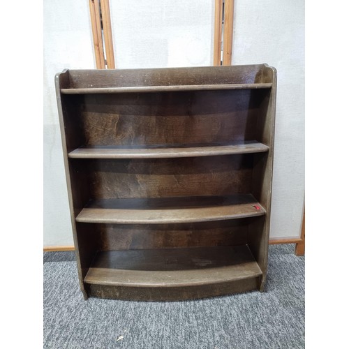 406 - Good quality CWS stamped dark oak bow fronted bookshelf with four shelves, stands at 91cm high 76cm ... 