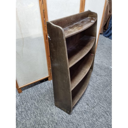 406 - Good quality CWS stamped dark oak bow fronted bookshelf with four shelves, stands at 91cm high 76cm ... 