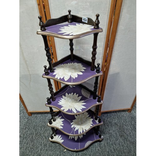 404 - Large 5 tier wooden wot-not stand with floral decorated shelves in overall good condition, has a hei... 