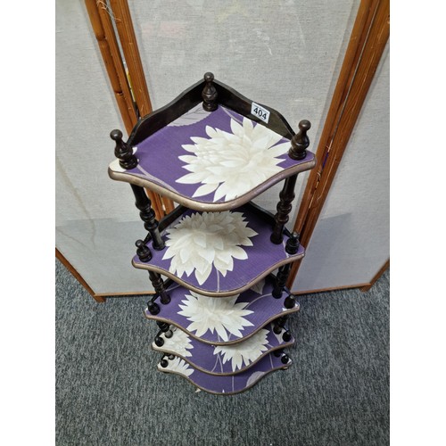 404 - Large 5 tier wooden wot-not stand with floral decorated shelves in overall good condition, has a hei... 