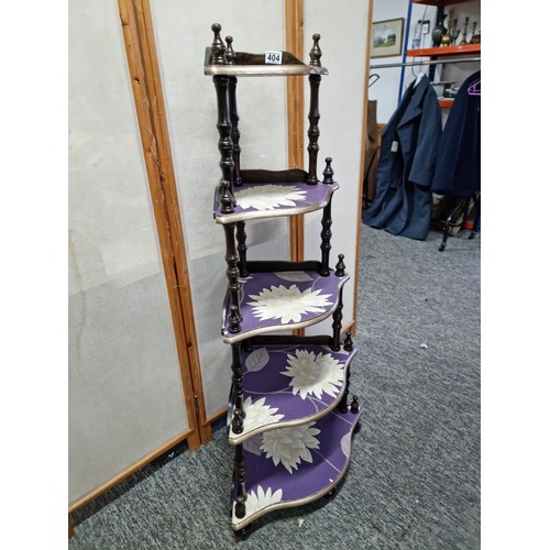 404 - Large 5 tier wooden wot-not stand with floral decorated shelves in overall good condition, has a hei... 