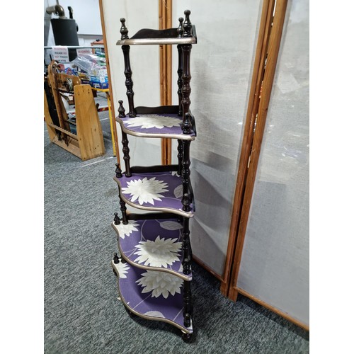 404 - Large 5 tier wooden wot-not stand with floral decorated shelves in overall good condition, has a hei... 