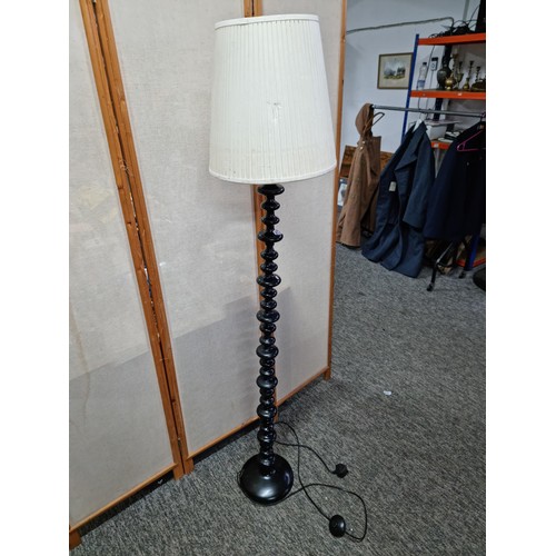 417 - Large black bobbin twist design modern floor standard lamp with cream shade, stands at 166cm high