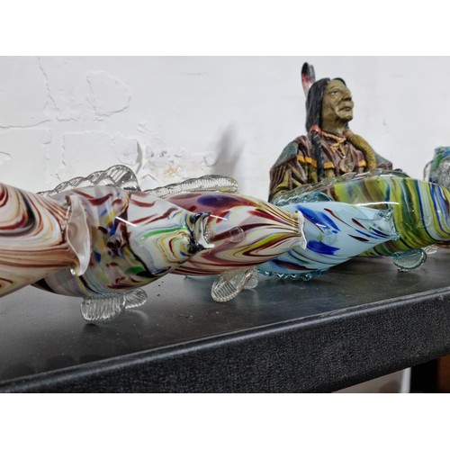 44A - Collection of 9x glass murano style fish of different colours along with 2x dolphin figures in ceram... 