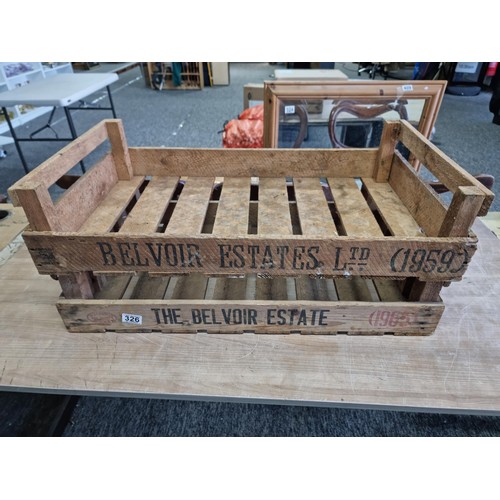 345A - 2x vintage wooden Belvoir Estates Ltd potato trays in good order, each measure 17cm high 76cm long a... 