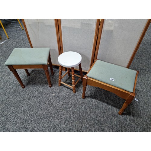 396 - 2x pale green cushion topped stools in good order, along with a white painted topped stool, largest ... 