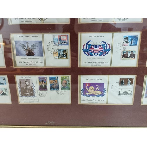 28 - Large framed and glazed set of First Edition First Day covers of the Winston Churchill stamp set con... 