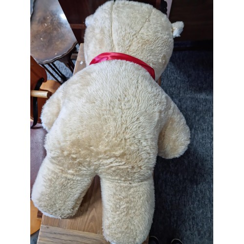 5 - Large good quality plush teddy bear in good order with red ribbon stands at 63cm high