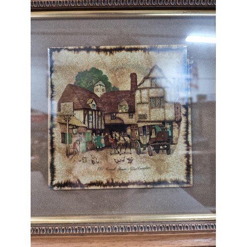 30 - 4x ornate framed and glazed ceramic tiles depicting period Britain including Old Coach House Bristol... 