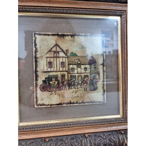 30 - 4x ornate framed and glazed ceramic tiles depicting period Britain including Old Coach House Bristol... 