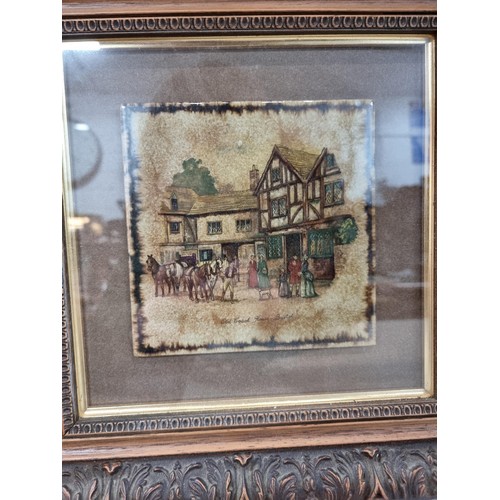 30 - 4x ornate framed and glazed ceramic tiles depicting period Britain including Old Coach House Bristol... 