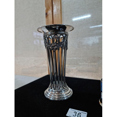 36 - Impressive Art Nouveau silver plated stem vase stand with garland decoration to the top with ribbed ... 