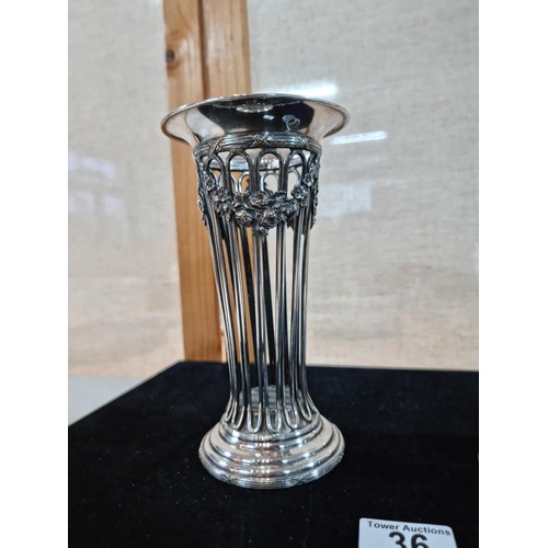 36 - Impressive Art Nouveau silver plated stem vase stand with garland decoration to the top with ribbed ... 