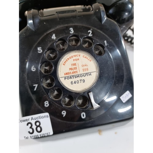 38 - Vintage black rotary telephone , has a carry handle added under the receiver, in good order, dial tu... 