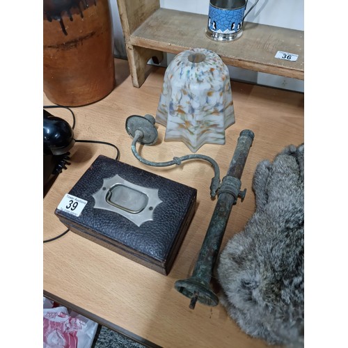 39 - Small qty of collectables incl. a pair of genuine rabbit fur gloves, copper candle stick - missing b... 