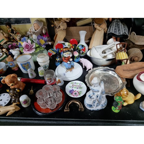 47 - Shelf full of large qty of collectables including Crestware, silver plated stem vase, thimbles, cera... 