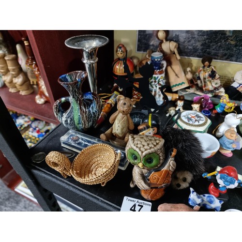 47 - Shelf full of large qty of collectables including Crestware, silver plated stem vase, thimbles, cera... 