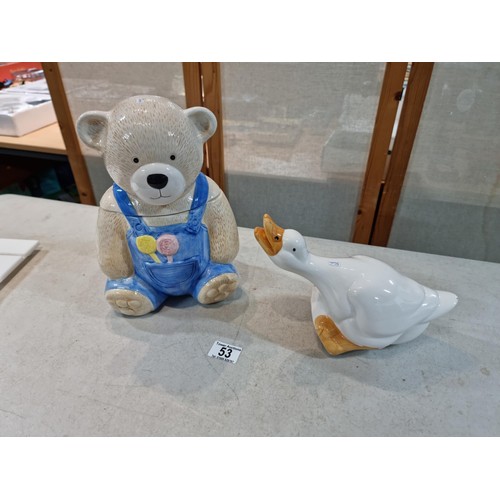 53 - Large teddy bear cookie jar in striking colours along with a ceramic goose, both have no chips or cr... 