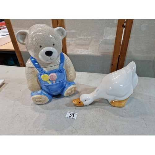 53 - Large teddy bear cookie jar in striking colours along with a ceramic goose, both have no chips or cr... 