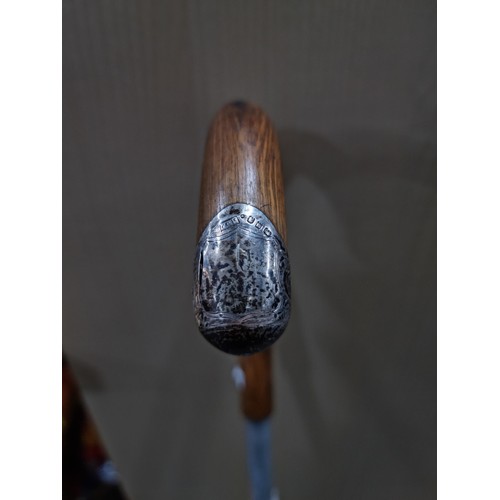 61 - Good quality hallmarked silver topped cane walking stick, with a lightweight aluminum shaft and meta... 