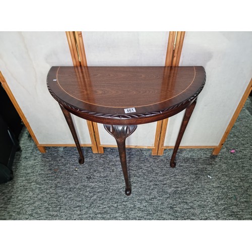 461 - Good quality mahogany demi lune hall table having a select mahogany top with string inlay standing o... 