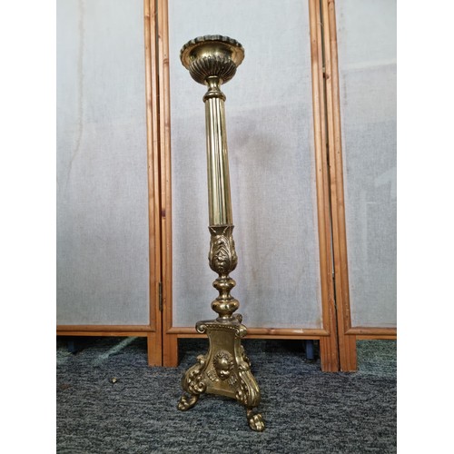 467 - Antique 19th century tall brass church sacred candle stick featuring a spike for a large pillar cand... 