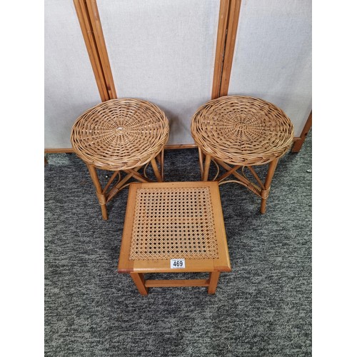 469 - Good quality rush topped beech framed stool by wood crafts hertfordshire along with 2x matching bamb... 