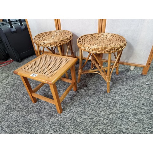 469 - Good quality rush topped beech framed stool by wood crafts hertfordshire along with 2x matching bamb... 