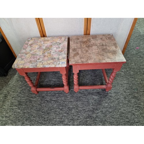 472 - Pair of antique solid pine barley twist lamp tables which have been painted rose pink colour with wr... 