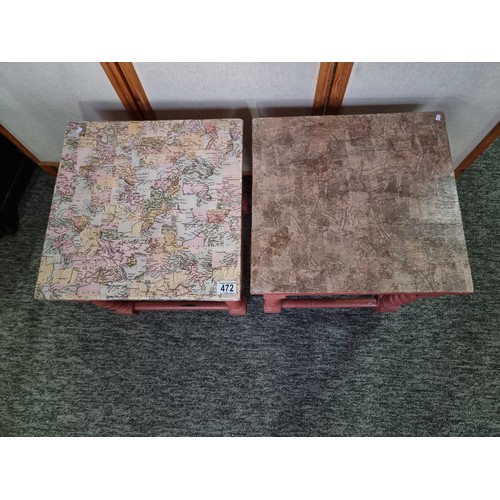 472 - Pair of antique solid pine barley twist lamp tables which have been painted rose pink colour with wr... 