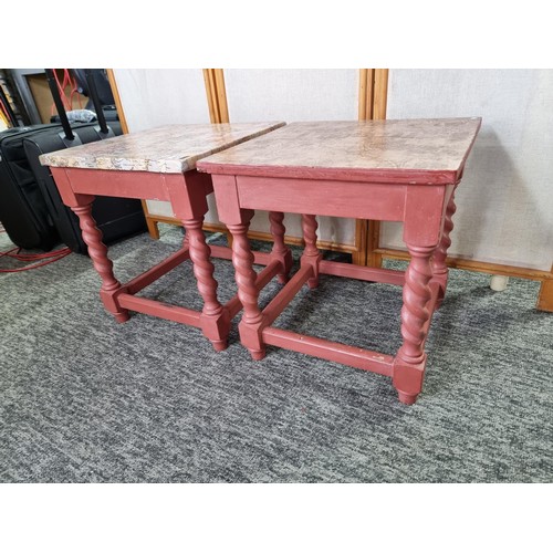 472 - Pair of antique solid pine barley twist lamp tables which have been painted rose pink colour with wr... 