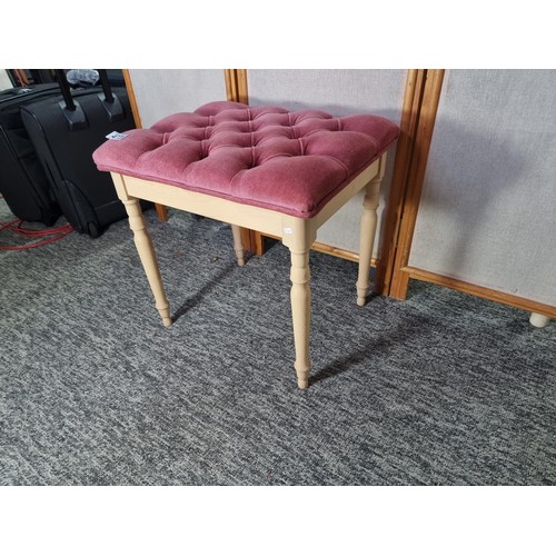 473 - Modern limed oak dressing table stool with a pink button upholstered top in clean condition height 4... 