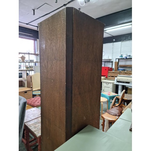 476 - Good quality vintage solid oak prior corner cabinet having three shelves with two doors below cabine... 