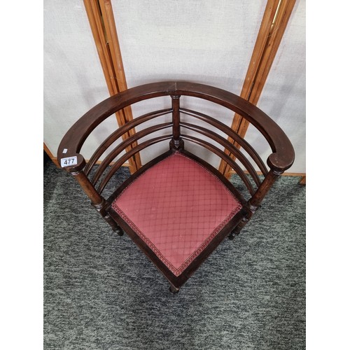 477 - Very nice quality antique Edwardian solid mahogany corner chair having a curved rail back with clean... 