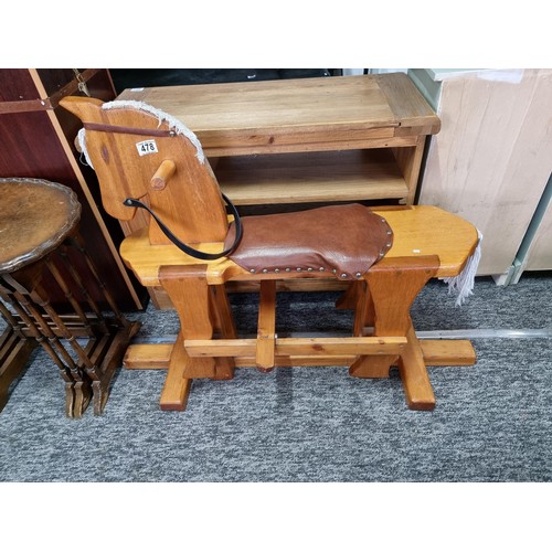 478 - Good quality vintage solid beech rocking horse with a rexine saddle which swings on a wooden cradle ... 