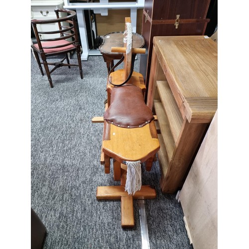 478 - Good quality vintage solid beech rocking horse with a rexine saddle which swings on a wooden cradle ... 